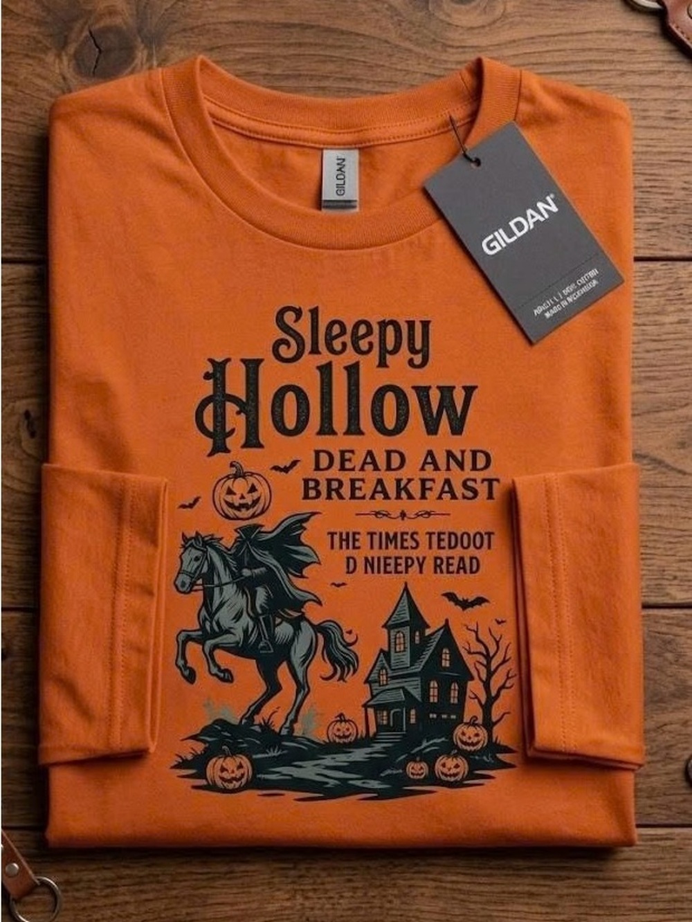 Sleepy Hollow Dead And Breakfast Graphic Tee Headless Horseman Orange T-Shirt - Picture 2 of 6